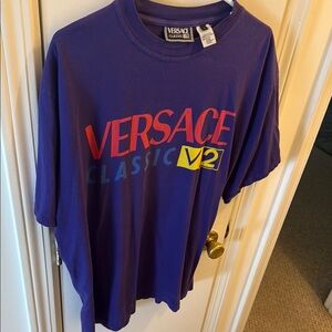 Versace Classic V2 Blue T-Shirt with Red and Yellow Logo